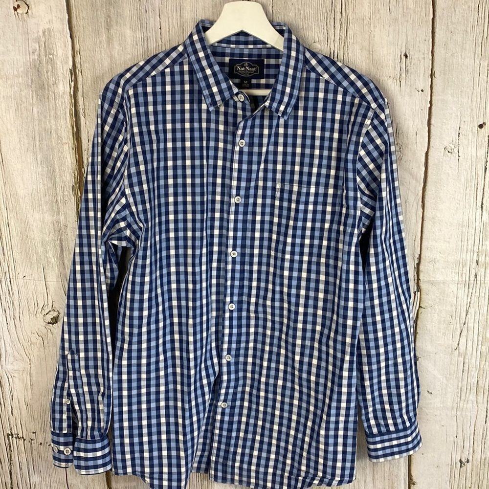 Nat Nast Luxury Long Sleeve Button Down Shirt Blue White Plaid Size M